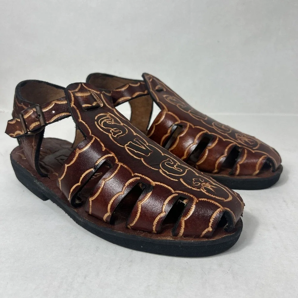 Vintage Artisan Mexican Huarache Sandals Brown Leather Fisherman Tooled Boho 10